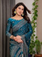 Peacock Teal Fendi Satin Block & Foil Printed Saree with Traditional Motifs, Tassel Edges & Attached Blouse - Image 11