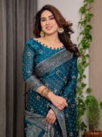 Peacock Teal Fendi Satin Block & Foil Printed Saree with Traditional Motifs, Tassel Edges & Attached Blouse - Image 9