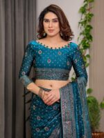 Peacock Teal Fendi Satin Block & Foil Printed Saree with Traditional Motifs, Tassel Edges & Attached Blouse - Image 4