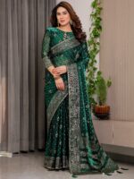 Emerald Green Fendi Satin Block & Foil Printed Saree with Traditional Butti Motifs, Tassel Edges & Attached Blouse - Image 6