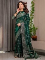 Emerald Green Fendi Satin Block & Foil Printed Saree with Traditional Butti Motifs, Tassel Edges & Attached Blouse - Image 8