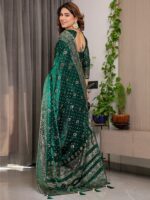Emerald Green Fendi Satin Block & Foil Printed Saree with Traditional Butti Motifs, Tassel Edges & Attached Blouse - Image 4