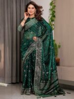 Emerald Green Fendi Satin Block & Foil Printed Saree with Traditional Butti Motifs, Tassel Edges & Attached Blouse - Image 10