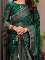 Emerald Green Fendi Satin Block & Foil Printed Saree with Traditional Butti Motifs, Tassel Edges & Attached Blouse - Image 2