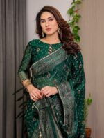Emerald Green Fendi Satin Block & Foil Printed Saree with Traditional Butti Motifs, Tassel Edges & Attached Blouse - Image 7