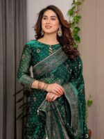 Emerald Green Fendi Satin Block & Foil Printed Saree with Traditional Butti Motifs, Tassel Edges & Attached Blouse - Image 5