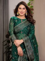 Emerald Green Fendi Satin Block & Foil Printed Saree with Traditional Butti Motifs, Tassel Edges & Attached Blouse - Image 11