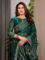 Emerald Green Fendi Satin Block & Foil Printed Saree with Traditional Butti Motifs, Tassel Edges & Attached Blouse - Image 9