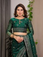 Emerald Green Fendi Satin Block & Foil Printed Saree with Traditional Butti Motifs, Tassel Edges & Attached Blouse - Image 3