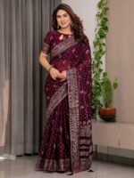 Wine Maroon Fendi Satin Block & Foil Printed Saree with Traditional Butti Motifs, Tassel Edges & Attached Blouse - Image 6