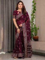 Wine Maroon Fendi Satin Block & Foil Printed Saree with Traditional Butti Motifs, Tassel Edges & Attached Blouse - Image 8