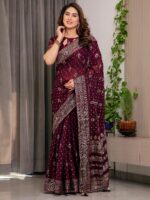 Wine Maroon Fendi Satin Block & Foil Printed Saree with Traditional Butti Motifs, Tassel Edges & Attached Blouse - Image 10