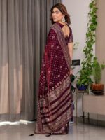 Wine Maroon Fendi Satin Block & Foil Printed Saree with Traditional Butti Motifs, Tassel Edges & Attached Blouse - Image 3