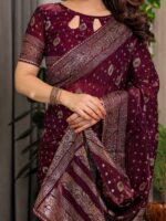 Wine Maroon Fendi Satin Block & Foil Printed Saree with Traditional Butti Motifs, Tassel Edges & Attached Blouse - Image 2