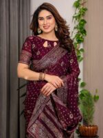 Wine Maroon Fendi Satin Block & Foil Printed Saree with Traditional Butti Motifs, Tassel Edges & Attached Blouse - Image 11