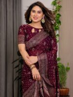 Wine Maroon Fendi Satin Block & Foil Printed Saree with Traditional Butti Motifs, Tassel Edges & Attached Blouse - Image 5