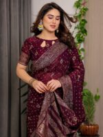 Wine Maroon Fendi Satin Block & Foil Printed Saree with Traditional Butti Motifs, Tassel Edges & Attached Blouse - Image 7