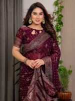 Wine Maroon Fendi Satin Block & Foil Printed Saree with Traditional Butti Motifs, Tassel Edges & Attached Blouse - Image 9