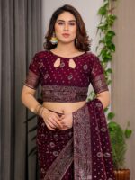 Wine Maroon Fendi Satin Block & Foil Printed Saree with Traditional Butti Motifs, Tassel Edges & Attached Blouse - Image 4