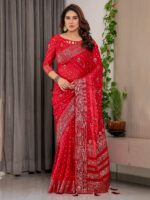 Classic Red Fendi Satin Block & Foil Printed Saree with Traditional Butti Motifs, Tassel Edges & Attached Blouse