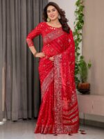 Classic Red Fendi Satin Block & Foil Printed Saree with Traditional Butti Motifs, Tassel Edges & Attached Blouse - Image 6