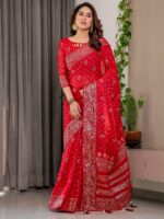 Classic Red Fendi Satin Block & Foil Printed Saree with Traditional Butti Motifs, Tassel Edges & Attached Blouse - Image 8