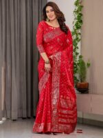 Classic Red Fendi Satin Block & Foil Printed Saree with Traditional Butti Motifs, Tassel Edges & Attached Blouse - Image 10