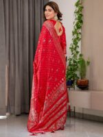 Classic Red Fendi Satin Block & Foil Printed Saree with Traditional Butti Motifs, Tassel Edges & Attached Blouse - Image 3