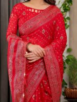 Classic Red Fendi Satin Block & Foil Printed Saree with Traditional Butti Motifs, Tassel Edges & Attached Blouse - Image 2