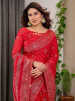 Classic Red Fendi Satin Block & Foil Printed Saree with Traditional Butti Motifs, Tassel Edges & Attached Blouse - Image 7