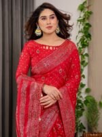 Classic Red Fendi Satin Block & Foil Printed Saree with Traditional Butti Motifs, Tassel Edges & Attached Blouse - Image 9
