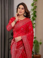 Classic Red Fendi Satin Block & Foil Printed Saree with Traditional Butti Motifs, Tassel Edges & Attached Blouse - Image 11