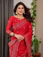 Classic Red Fendi Satin Block & Foil Printed Saree with Traditional Butti Motifs, Tassel Edges & Attached Blouse - Image 5