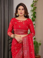Classic Red Fendi Satin Block & Foil Printed Saree with Traditional Butti Motifs, Tassel Edges & Attached Blouse - Image 4