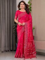 Rani Pink Fendi Satin Block & Foil Printed Saree with Traditional Butti Motifs, Tassel Edges & Attached Blouse - Image 7