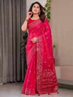 Rani Pink Fendi Satin Block & Foil Printed Saree with Traditional Butti Motifs, Tassel Edges & Attached Blouse - Image 9