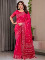Rani Pink Fendi Satin Block & Foil Printed Saree with Traditional Butti Motifs, Tassel Edges & Attached Blouse - Image 11