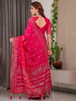 Rani Pink Fendi Satin Block & Foil Printed Saree with Traditional Butti Motifs, Tassel Edges & Attached Blouse - Image 3