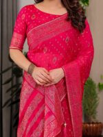 Rani Pink Fendi Satin Block & Foil Printed Saree with Traditional Butti Motifs, Tassel Edges & Attached Blouse - Image 2