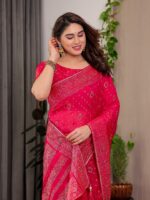 Rani Pink Fendi Satin Block & Foil Printed Saree with Traditional Butti Motifs, Tassel Edges & Attached Blouse - Image 8