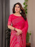 Rani Pink Fendi Satin Block & Foil Printed Saree with Traditional Butti Motifs, Tassel Edges & Attached Blouse - Image 10