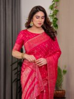 Rani Pink Fendi Satin Block & Foil Printed Saree with Traditional Butti Motifs, Tassel Edges & Attached Blouse - Image 5
