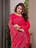 Rani Pink Fendi Satin Block & Foil Printed Saree with Traditional Butti Motifs, Tassel Edges & Attached Blouse - Image 6
