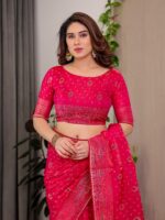 Rani Pink Fendi Satin Block & Foil Printed Saree with Traditional Butti Motifs, Tassel Edges & Attached Blouse - Image 4