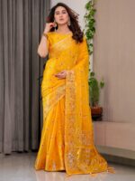 Mustard Yellow Fendi Satin Block & Foil Printed Saree with Traditional Butti Motifs, Tassel Edges & Attached Blouse - Image 6