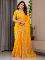 Mustard Yellow Fendi Satin Block & Foil Printed Saree with Traditional Butti Motifs, Tassel Edges & Attached Blouse - Image 8