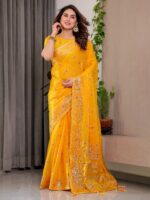 Mustard Yellow Fendi Satin Block & Foil Printed Saree with Traditional Butti Motifs, Tassel Edges & Attached Blouse - Image 10
