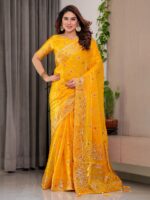 Mustard Yellow Fendi Satin Block & Foil Printed Saree with Traditional Butti Motifs, Tassel Edges & Attached Blouse - Image 11
