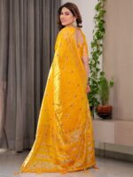 Mustard Yellow Fendi Satin Block & Foil Printed Saree with Traditional Butti Motifs, Tassel Edges & Attached Blouse - Image 3