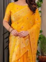 Mustard Yellow Fendi Satin Block & Foil Printed Saree with Traditional Butti Motifs, Tassel Edges & Attached Blouse - Image 2